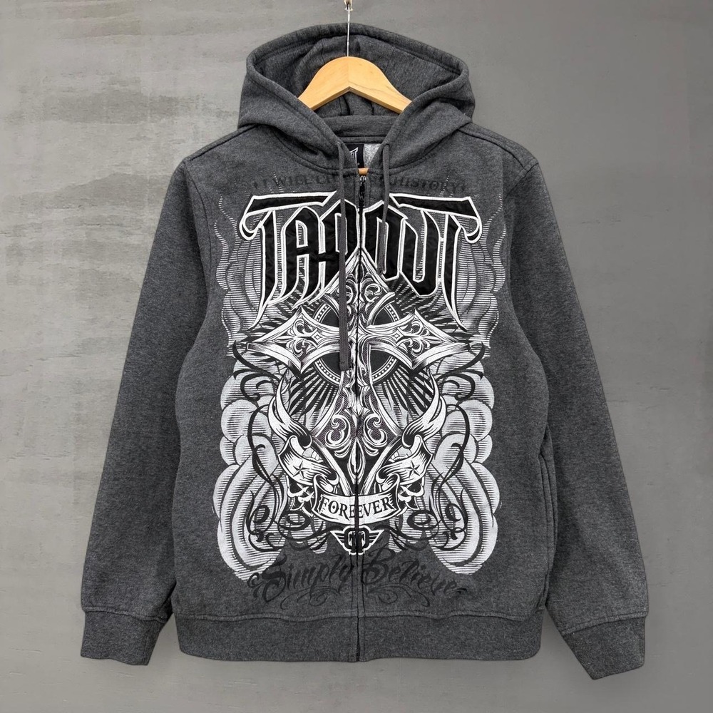 Y2K Tapout Zip Up Hoodie Vintage Grey Graphic Cross Skulls MMA Sweatshirt Large